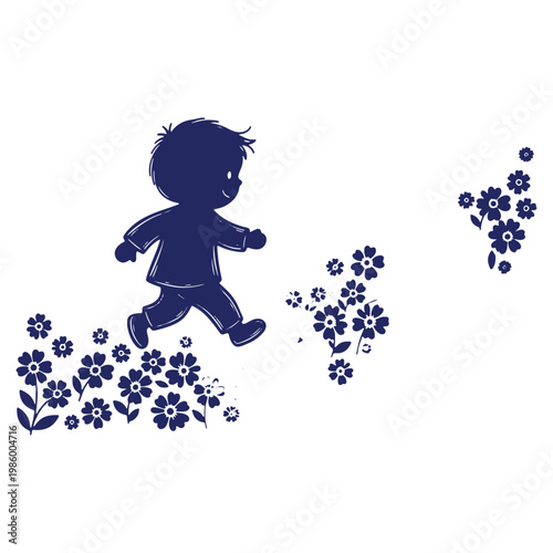 Silhouette of a playful child running through a field of charming flowers in a joyful and carefree manner