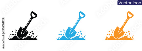 Colorful shovel icons in black, Blue, And orange on white background for gardening and landscaping concepts