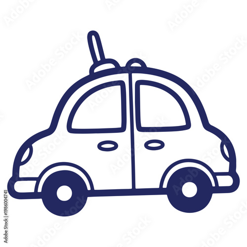 Simple cartoon police car illustration with antenna for childrens designs and educational materials featuring vector graphic rendering
