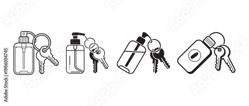 Set of hand sanitizer bottle keychains with keys, hygiene and travel concept, vector icons.