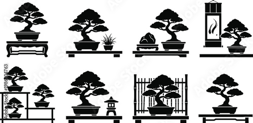 Bonsai Display Elements Silhouette Vector Set