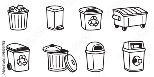 rubbish bin and recycling icon set related to waste basket, trash can, bin icons, trash, garbage, waste, disposal and recycle container. Modern Trash Bin Icon Set. delete sign and symbol. Eps 10. 
