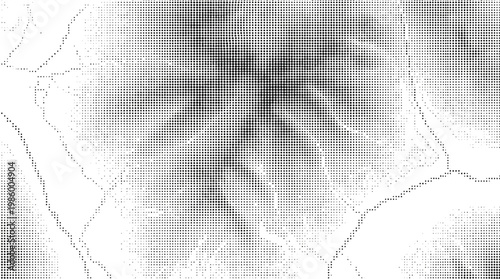 Halftone topographic map terrain with a dotted, contoured, and mountainous surface. Black distressed terrain background in comic pop-art style, featuring elevation folds and grainy relief details