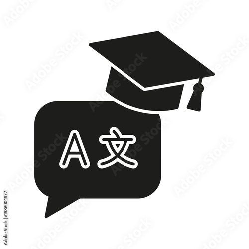 Graduation Cap With Language Speech Bubble Solid Icon. Language Learning, Translation, And Education Silhouette Symbol. Multilingual Communication. Isolated Vector Illustration