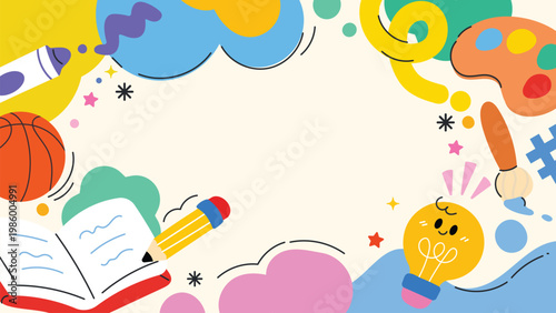 Cute colorful kids hand drawn doodle background frame design vector with open book, pencil, crayon, basketball, paint palette, brush and light bulb. Design for 4K video template, back to school. 