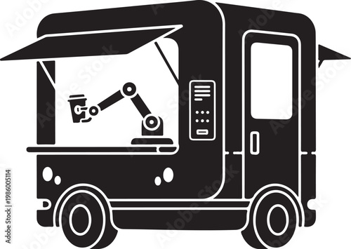 Black food truck icon, robotic arm, coffee cup, vector illustration, modern design, restaurant concept