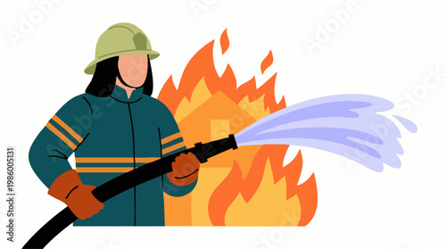 Firefighter Extinguishing a House Fire with a Water Hose Illustration
