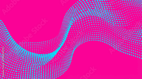 Halftone vibrant wave pattern with a dotted, smooth, and undulating surface. Pink flowing background in comic pop-art style, featuring cyan dots and neon digital tech generative ai details