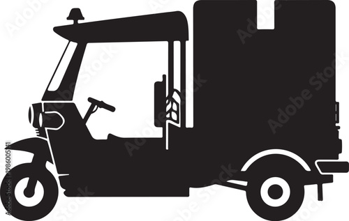 Black vector tricycle, cargo tuk tuk, motorcycle silhouette, delivery vehicle icon