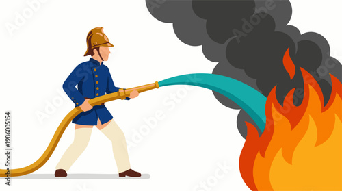 Firefighter in uniform spraying water on a fire with smoke