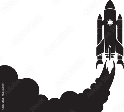 Rocket launch, space icon, black silhouette, vector graphic, launchpad blast off