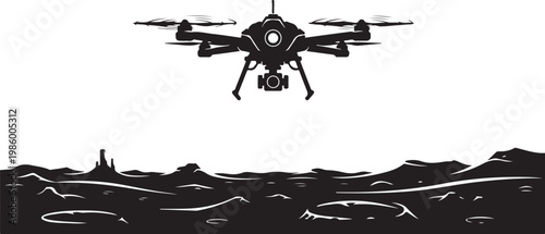 Drone, aerial vehicle, black silhouette, flying machine, landscape view, vector icon