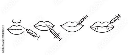 Lip filler procedure icons. showing injection into lips and mouth area with syringe outline illustrations.