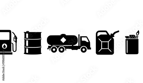 Fotografie Fuel silhouettes horizontal lineup vector with gas pump nozzle jerrycan and tank