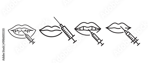 Lip filler procedure icons. syringe injecting filler into lips, cosmetic enhancement concept.