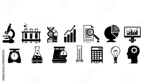 Schilderij op canvas Scientific and analytical silhouettes horizontal lineup vector with lab and data