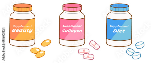 美容系サプリの錠剤とボトルのイラスト3点セット｜コラーゲン・ダイエット
