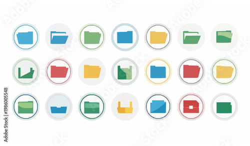 Folder icons in circular frames vector set with modern file management design