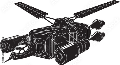 Spacecraft, satellite, black and white illustration, futuristic vehicle, space exploration