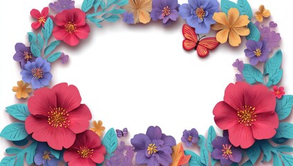 Colorful paper-cut floral wreath surrounding white space, butterfly accent