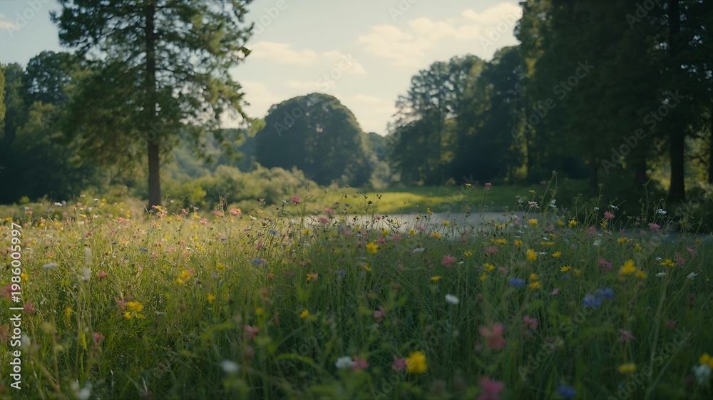 Fototapeta premium Cinematic Summer Meadow with Colorful Wildflowers and Lush Trees