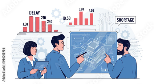Business team analyzing semiconductor shortage and supply chain delays