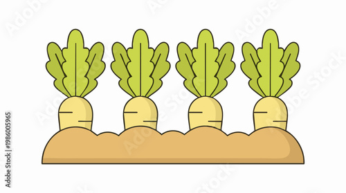 Four cartoon white radishes with green leaves growing in brown soil