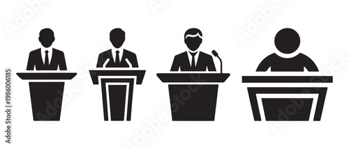 Speaker and Presenter Icons Set. Silhouettes with Podium and Microphone, Minimalist Black and White Vector.