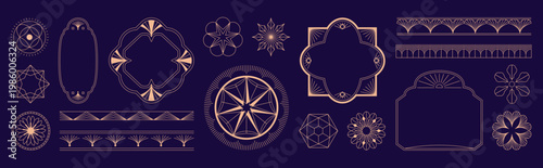 Luxury gold line art deco geometric ornament frame and border vector set on black background. Elegant vintage decorative elements collection for invitation, wedding card, logo, packaging design.