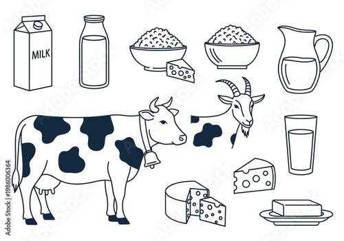 Dairy Products and Farm Animals Vector Line Art Icons Set with Cow, Goat, Milk Carton, Cheese, Butter, and Cottage Cheese
