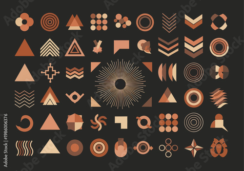 Set of Modern Minimalist Geometric Shapes and Abstract Symbols in Earthy Terracotta Palette on Dark Background