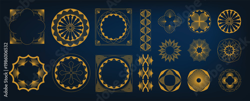 Luxury gold line art deco geometric ornament frame and border vector set on black background. Elegant vintage decorative elements collection for invitation, wedding card, logo, packaging design.