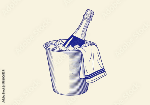 Vintage Champagne Bottle in Ice Bucket Illustration - Celebration Luxury Drink Engraving Style