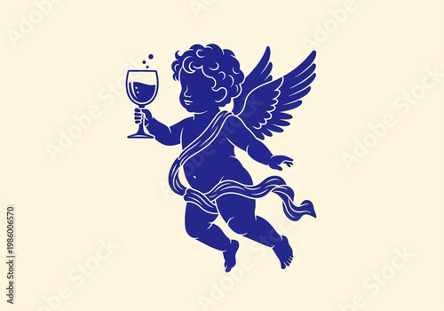 Blue Silhouette of Cupid Holding a Wine Glass, Vintage Inspired Cherub Illustration for Valentine's Day and Wine Branding