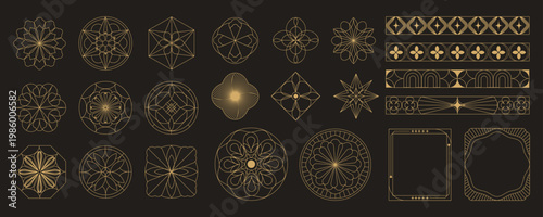 Luxury gold line art deco geometric ornament frame and border vector set on black background. Elegant vintage decorative elements collection for invitation, wedding card, logo, packaging design.