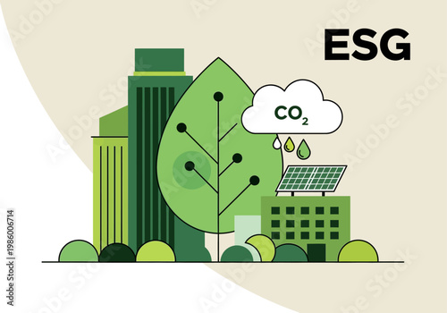 ESG Concept Illustration with Sustainable Green City, Solar Panels, and Carbon Footprint Reduction for Corporate Environmental Governance