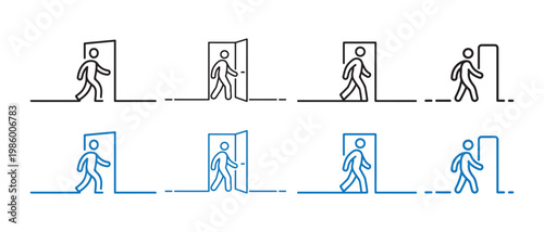 Conceptual continuous line art of walking figures interacting with doorways, illustrating entry, exit, and new opportunities in black and blue.
