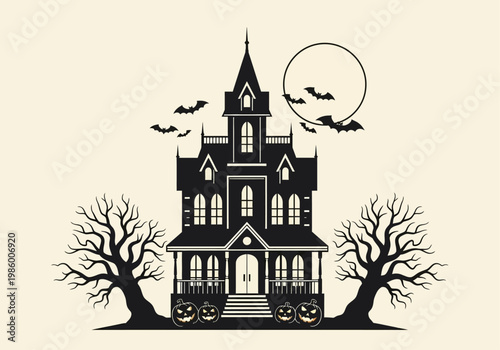 Spooky Halloween Haunted House Silhouette with Bats, Full Moon, Jack-o'-Lanterns and Gnarly Trees