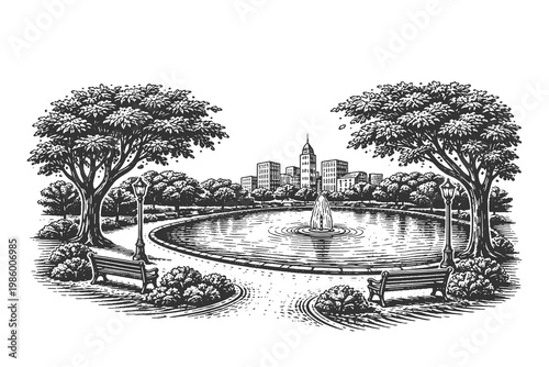 Classic engraved style of a city park with a central lake and fountain, framed by trees with a distant urban skyline.