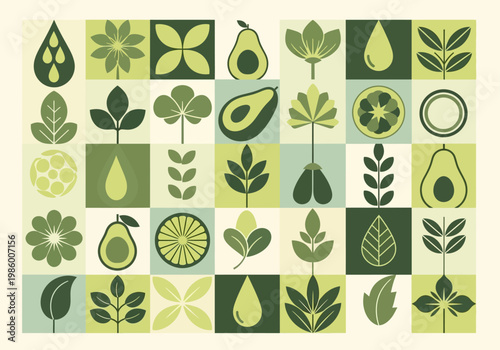 Modern Geometric Nature Pattern Grid with Avocado, Leaves, and Oil Drops Icons for Organic Wellness and Healthy Food Branding