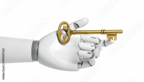 Robot Hand Holding Golden Key Closeup.