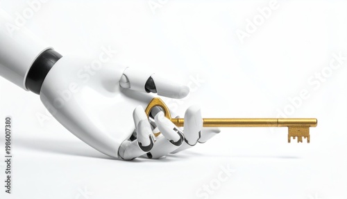 Robot Hand Holding Golden Key Concept.