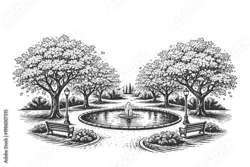 Detailed woodcut illustration of a circular park fountain surrounded by benches, large leafy trees, and a gravel walkway.
