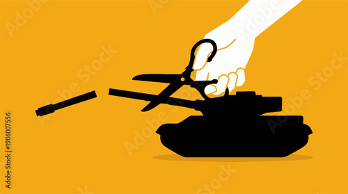 Hand cutting tank's cannon with scissors, symbolizing peace and disarmament