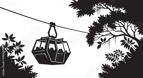 Cable car, gondola lift, aerial tramway, silhouette, vector illustration