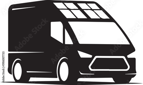 Black van, delivery truck, vehicle silhouette, transportation icon, modern design