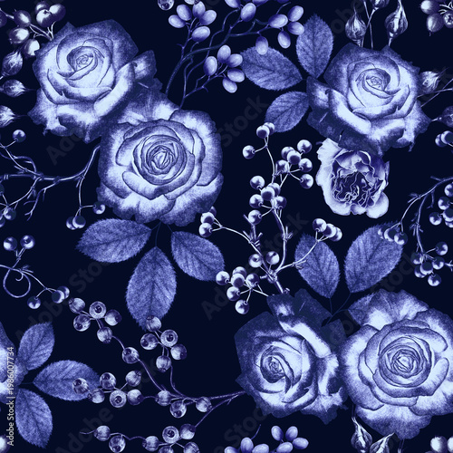 Foto Midnight indigo rose pattern, Elegant seamless design with blue flowers, seamles