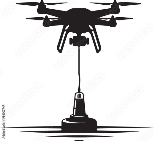 Drone, aerial, silhouette, vector icon, black and white, drone with camera, quadcopter