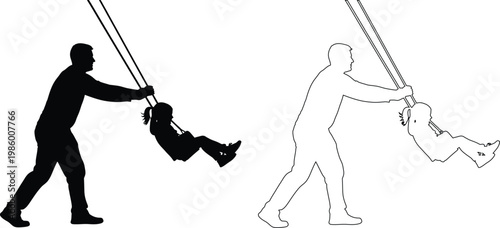 Two Adults Swinging Children On Colorful Swing Set Outside