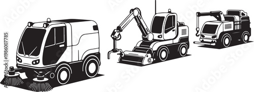 Street Sweeper Trucks, Vector Illustrations, Road Cleaning Vehicles, Urban Maintenance Equipment